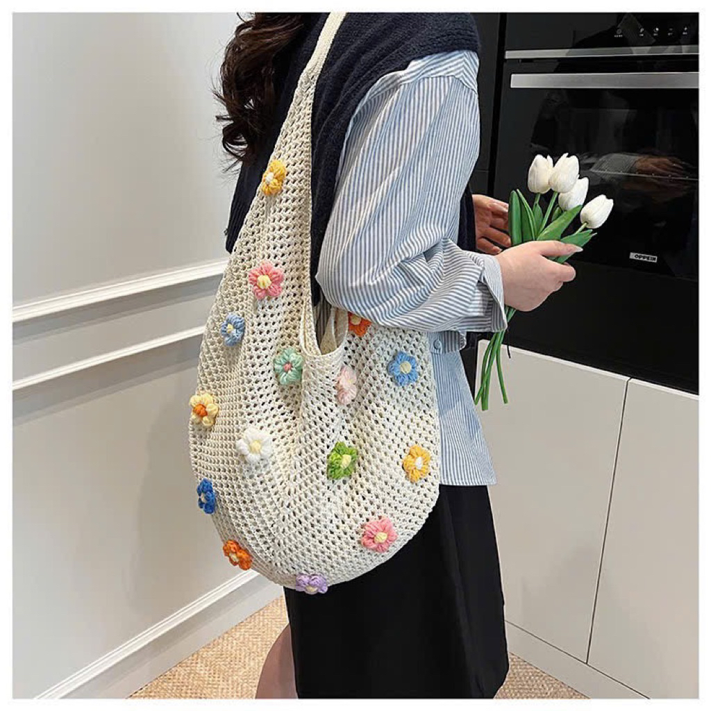 Túi tote len mix bông hoa len phong cách kẹo ngọt