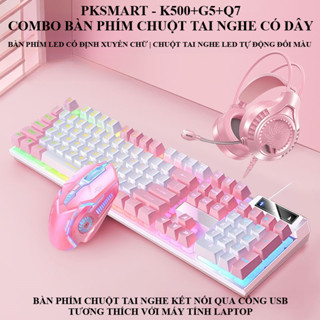  Bàn Phím Chuột Tai Nghe Có Dây - PKSMART x K500+G5+Q7 - LED Xuyên Chữ - Gõ Siêu Êm - Dùng Cho Máy Tính Laptop 