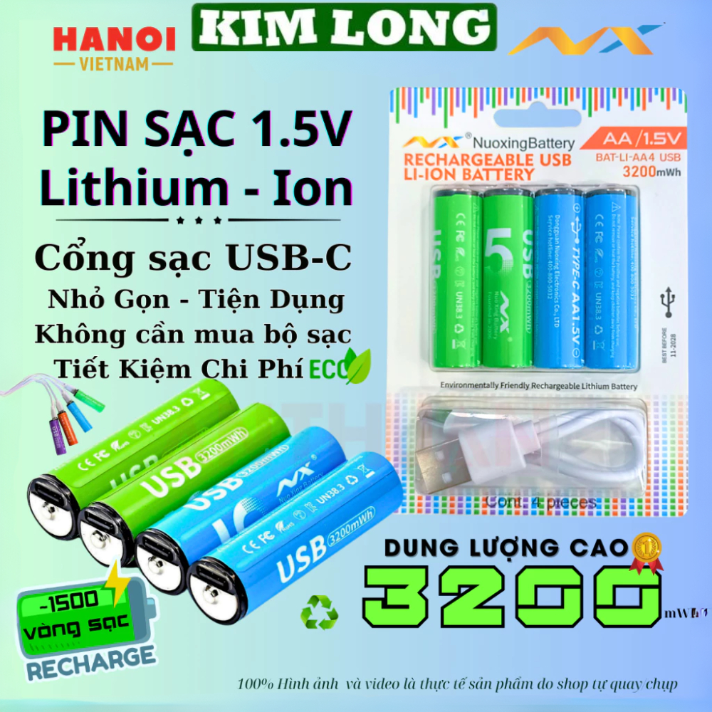 Pin sạc AA / AAA 1.5 type-C sạc nhanh dung lượng cao 3200mWh dùng 10năm - trên 1200 lần chất lượng c