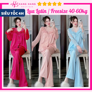 Đồ ngủ nữ 40-60kg pijama dài tay cổ v ren mềm lụa latin mịn mát 60DD21 đồ bộ nữ đồ mặc nhà tiểu thư trơn bánh bèo 