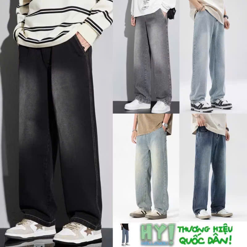 Quần jean đen wash nam HELLOYOU dáng baggy suông rộng xám smoke phong cách RETRO - TR01