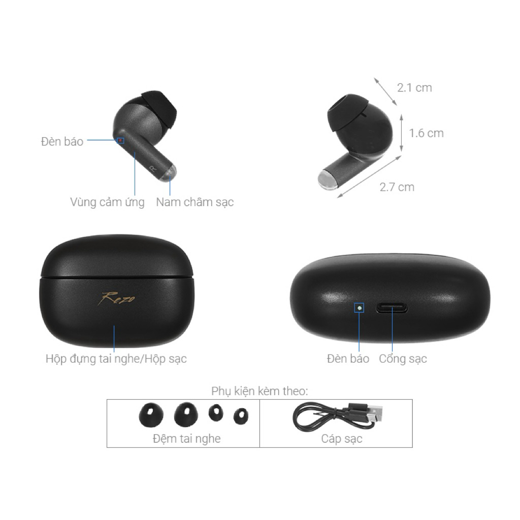 Tai nghe Bluetooth 5.4 TWS Rezo K50 Đen ốp inox đầm tay