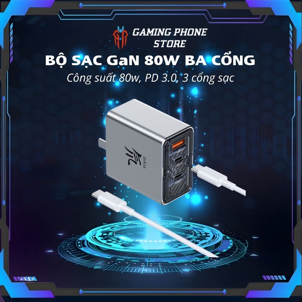 Bộ sạc nhanh Nubia 80W GaN kết hợp 3 đầu Ra ( chính hãng )