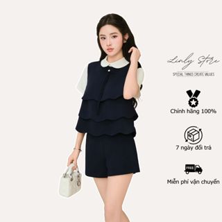 Set áo kiểu nữ thiết kế sóng tầng phối cổ sen và quần short ống rộng cạp cao tiểu thư Linly Store