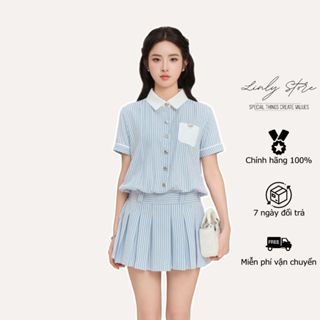Váy sơ mi thiết kế xếp ly phối cổ trắng, đầm kiểu nữ phối cúc đính nơ tiểu thư Linly Store V-SM1