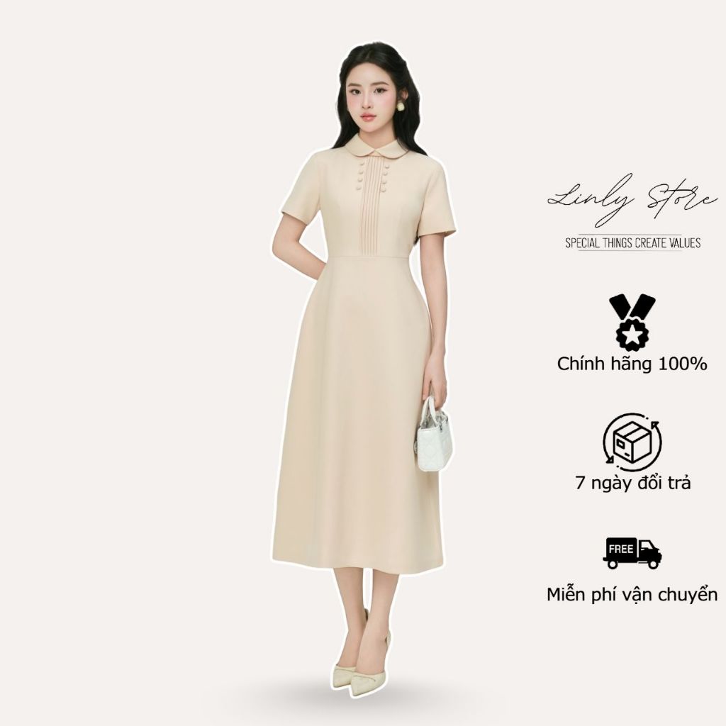Váy liền thân dáng dài thiết kế cổ sen phối cúc, đầm kiểu nữ xếp ly ngực tiểu thư Linly Store V-VD11 | BigBuy360 - bigbuy360.vn