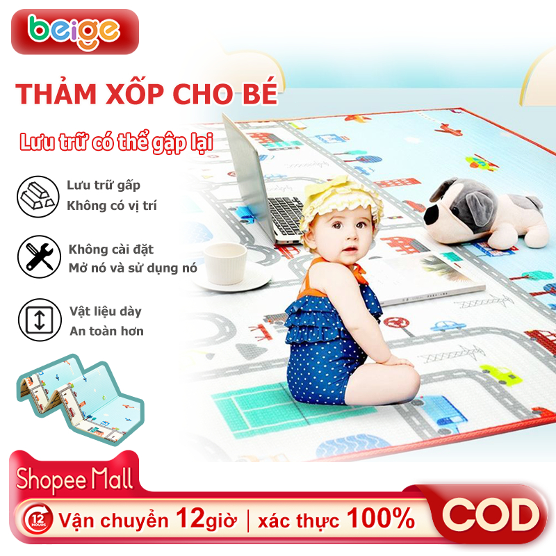 Thảm Xốp Cho Bé Beige Chống Nước, Thảm Cuộn Phủ PE 2 Mặt Họa Tiết Dày  Cho Bé Tập Bò Tập Đi