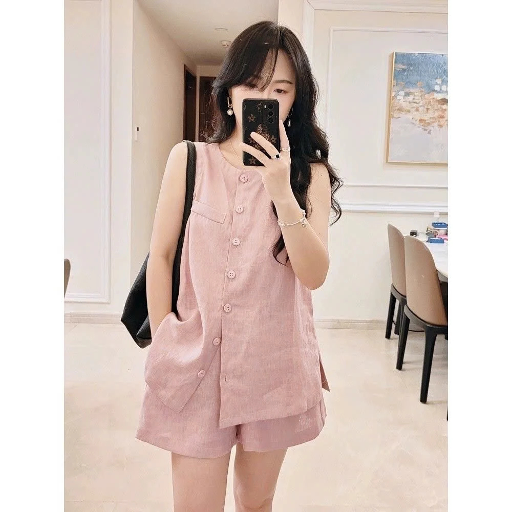 Set nữ áo sát nách quần short năng động . Bộ đồ nữ áo sát nách cúc bọc vải linen quần đùi basic