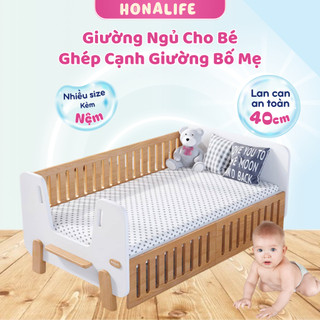 [KÈM ĐỆM] Giường ngủ cho bé ghép cạnh giường ba mẹ, giường ghép HONALIFE hiện đại có lan can an toàn