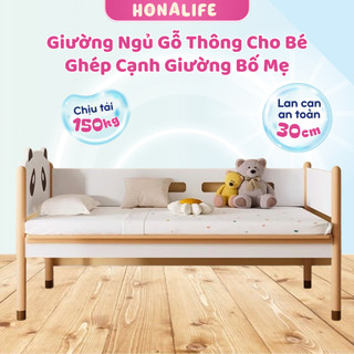 Giường gỗ thông cao cấp cho bé HONALIFE hình gấu trúc ghép cạnh giường bố mẹ 150*70*40cm - HONA065