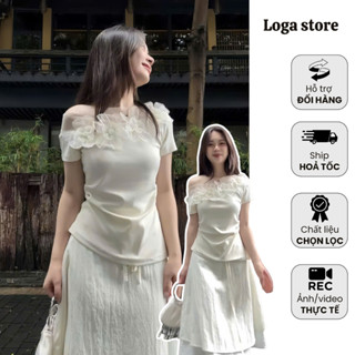 Set Áo Trễ Vai Kèm Hoa 3D Trắng , Set Đồ Nữ Áo Lệch Vai Kèm Chân Váy Xòe Nhẹ Nhàng , Nữ Tính, Trẻ Trung Logastore_L333