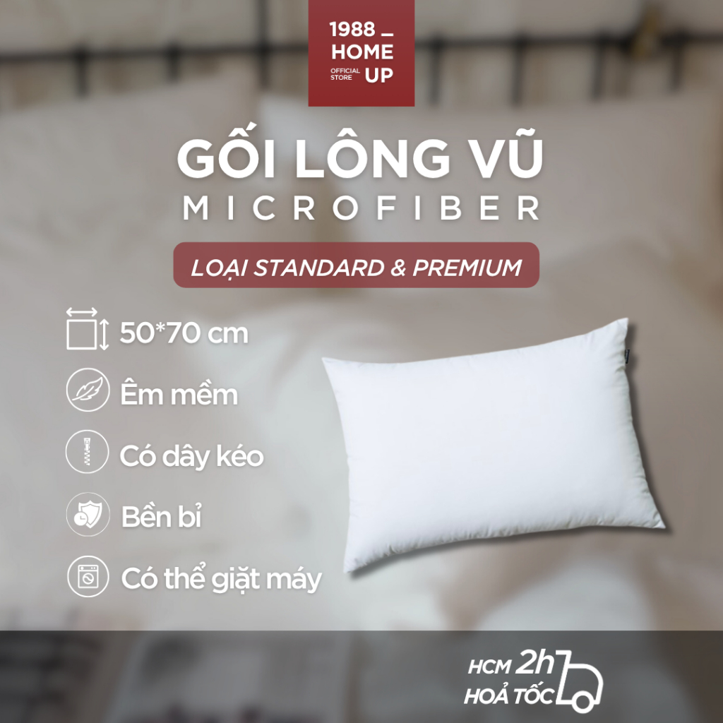 Ruột Gối Nằm 50x70 Cm Gòn Lông Vũ Microfiber, Vải Bọc 100% Cotton Cao Cấp - 1988 HOME UP, Hạn Chế Nh