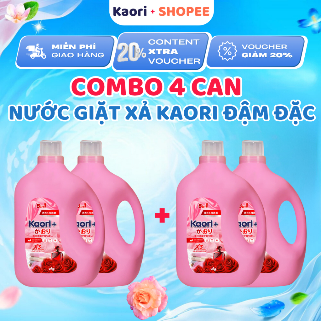 Combo 4 can nước giặt Kaori hương nước hoa can 2L, nước giặt xả Kaori lưu hương 48h