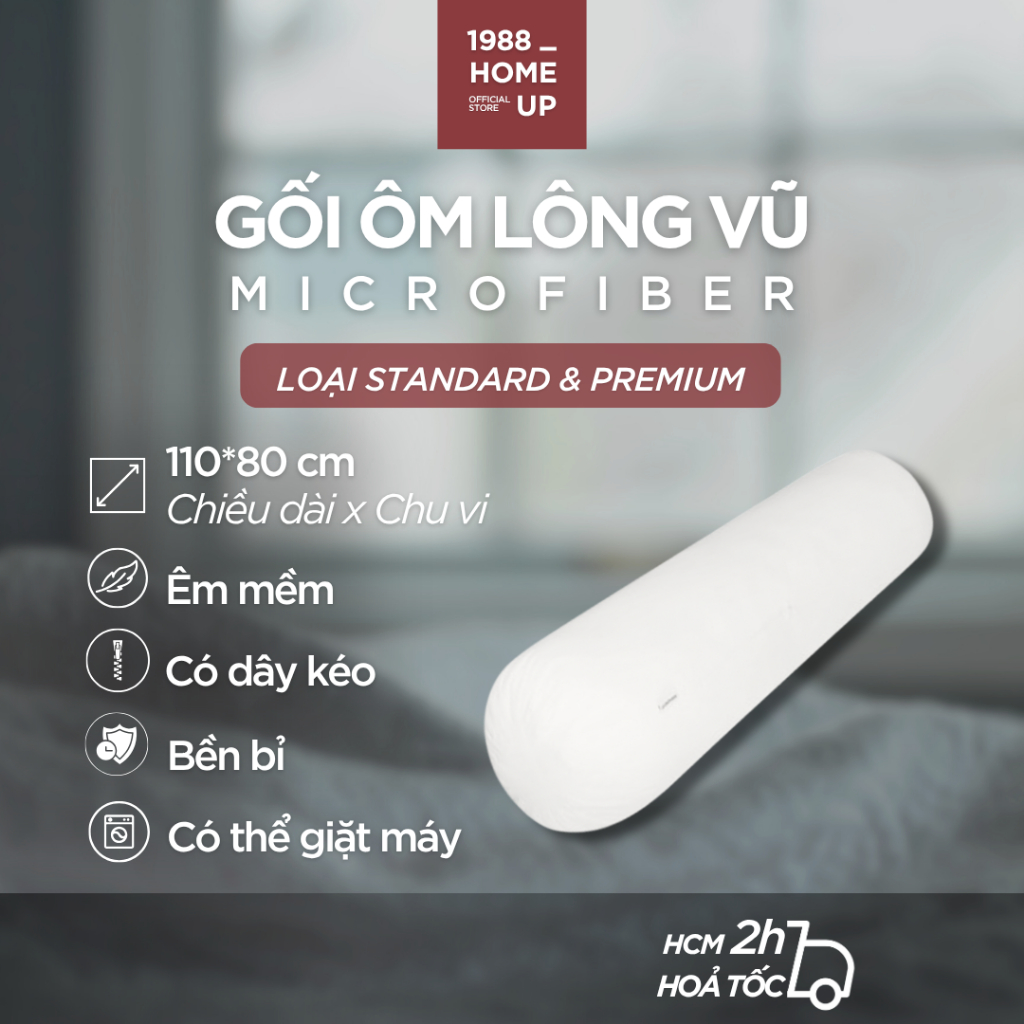 Ruột Gối Ôm 110x80 Cm Gòn Lông Vũ Microfiber, Vải Bọc 100% Cotton - 1988 Home Up, Êm Ái, Bền Bỉ, Căn