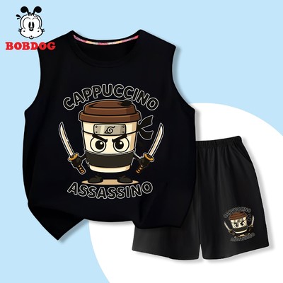 Đồ bộ bé trai BOBDOG, set áo ba lỗ quần đùi chất liệu thun cotton co giãn in hình cappuccino asascino cho bé BD-KS317