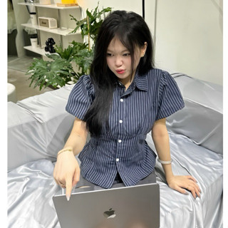 Áo sơ mi kẻ sọc tay bồng A4 chiết eo dễ phối đồ hàng loại 1_Lazy có bigsize