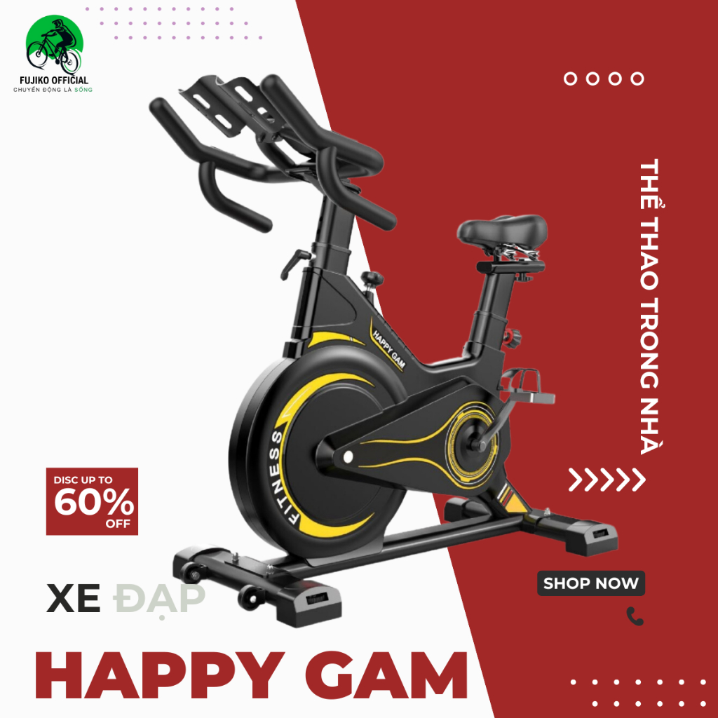Xe đạp thể thao FUJIKO OFFICIAL HAPPY GAM bánh đà kháng từ, đồng hồ đo nhịp tim