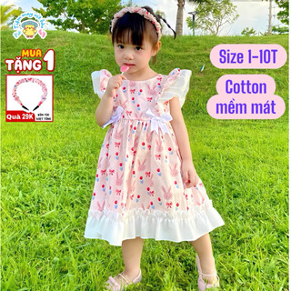 Váy bé gái công chúa thỏ hồng đính nơ xinh xắn,mẫu hot trend chất vải kate cotton mềm mát Size 1-10t
