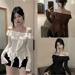 Áo trễ vai tay dài ôm body bèo nhún đẹp dự tiệc màu trắng đen nâu VANISA CT338