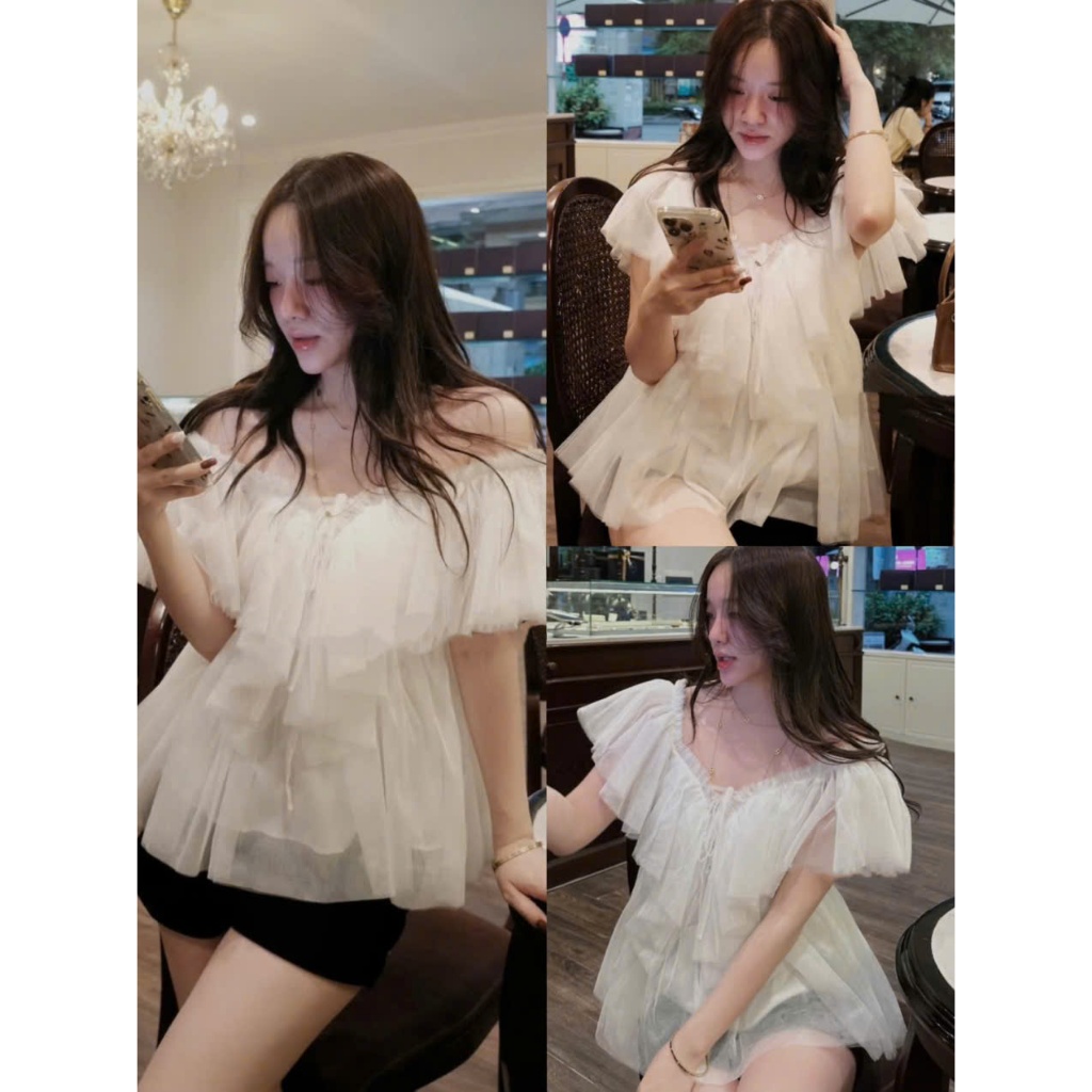 ÁO KIỂU VOAN LƯỚI JENI TOP CỔ V TRỄ VAI BO CHUN CÁCH ĐIỆU BÁNH BÈO MẶC ĐƯỢC 2 KIỀU - DÀNH CHO NỮ | BigBuy360 - bigbuy360.vn