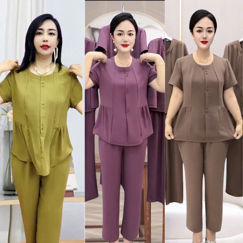 Đồ bộ nữ trung niên ngọc thảo fashion cho mẹ, bộ đũi thái trung niên nữ màu trơn, quần dài ống rộng 
