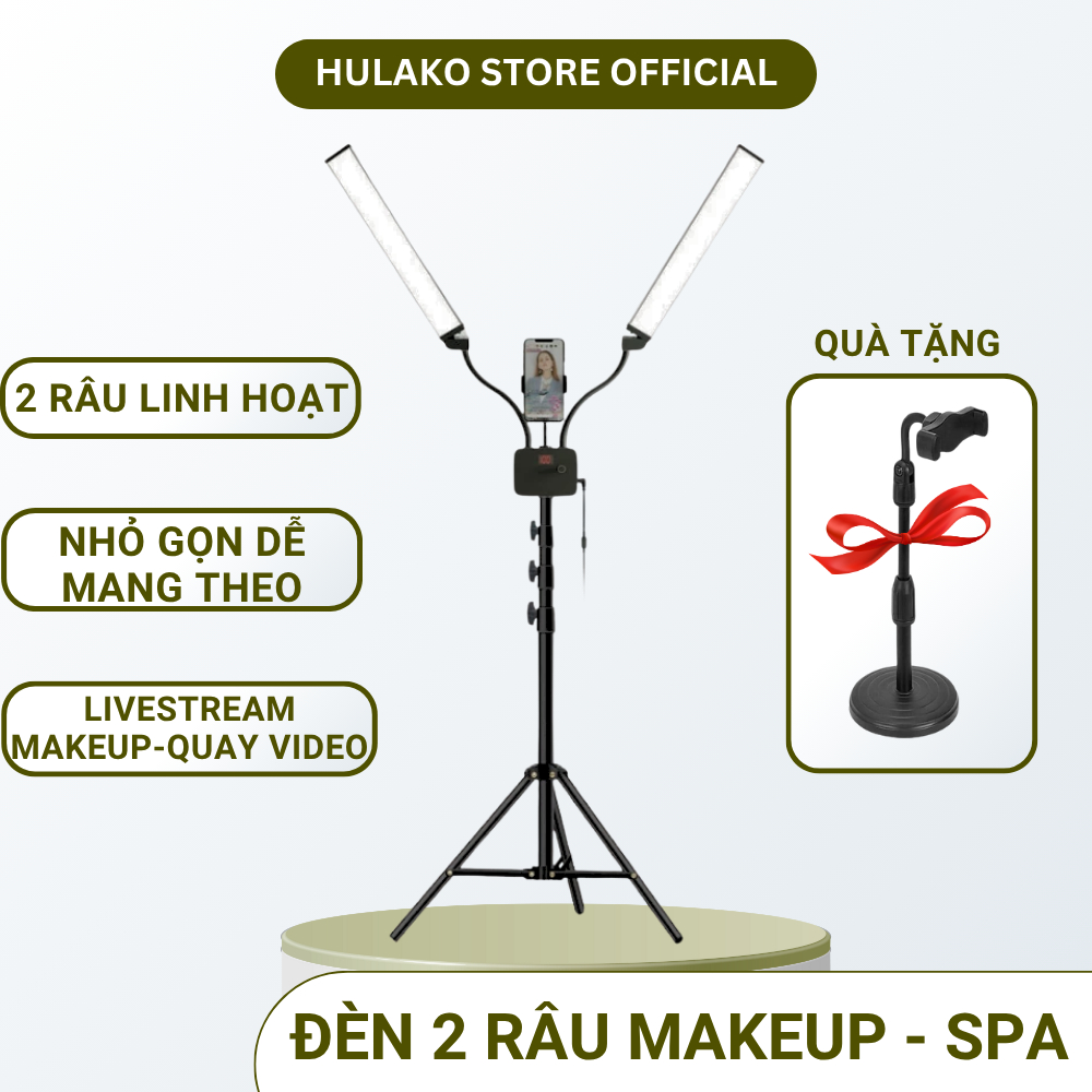 Đèn 2 Râu Trợ Sáng Spa HULAKO Trợ Sáng Livestream, Phun Xăm, Spa, Điểu Chỉnh 3 Màu Sáng, 2 nhánh linh hoạt, chân cao cấp