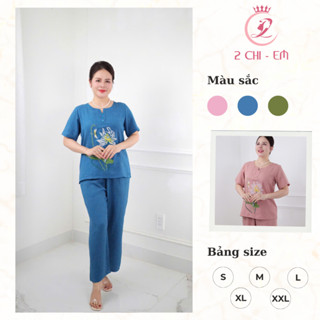 Đồ bộ trung niên đũi vân mây thoáng mát Ms85 – Quần dài suông, áo cổ cách điệu thanh lịch cho mẹ