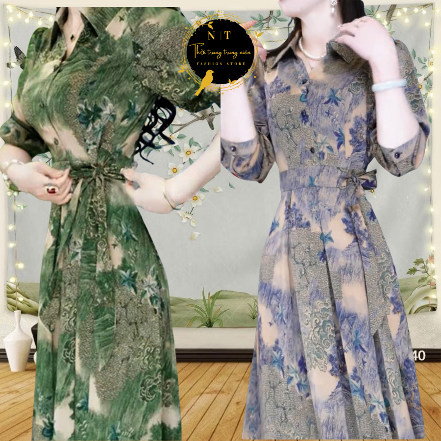 Đầm Trung Niên ngọc thảo fashion Cho Mẹ Dự Tiệc Sang Trọng, Váy Nữ Váy Sơ Mi Tay Lỡ, Đầm Xoè Chất Lụ