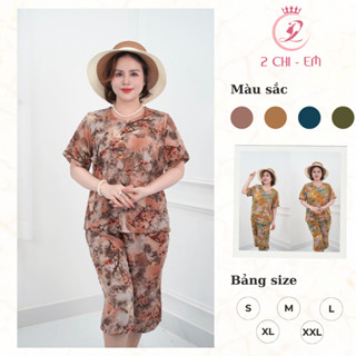 Đồ bộ trung niên lụa nhập co giãn thoải mái NiNa 19 – Quần lửng suông, áo cổ tròn thanh lịch cho mẹ yêu