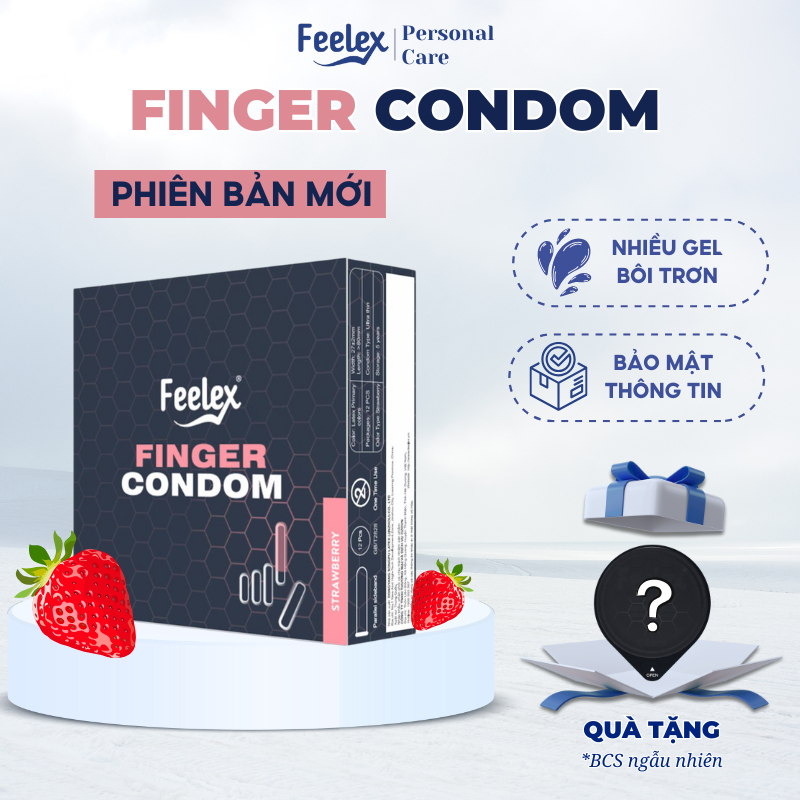 Bao cao su ngón tay Feelex Finger nhiều gel bôi trơn, hương dâu ngọt ngào, an toàn, chân thật - hộp 12 bao