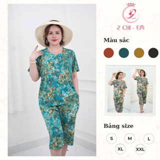 Đồ bộ trung niên họa tiết lụa nhập co giãn nhẹ – Quần lửng suông, áo cổ tròn thoải mái cho mẹ yêu