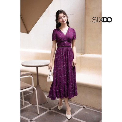 Đầm tím đậm phối ren lỗ SIXDO (Dark Violet Woven Flared Dress)