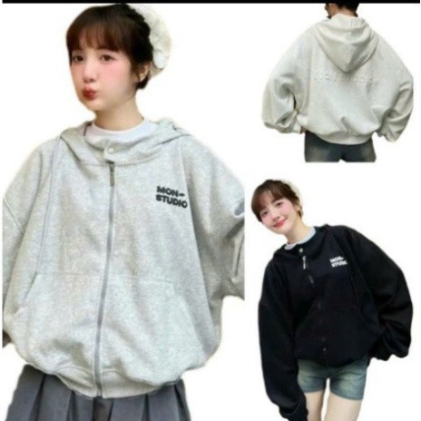 Áo khoác hoodie zip BOXY MON có nút bấm, dập nổi, in nổi ,có túi trong UNISEX NAM NỮ
