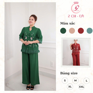 Đồ bộ trung niên lụa vân thoáng mát CC67 – Quần lửng suông, áo kiểu thêu thanh lịch cho mẹ