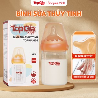 Bình sữa Topgiakids thủy tinh cao cấp núm ti silicon siêu mềm chống sặc giảm đầy hơi dung tích 180ml