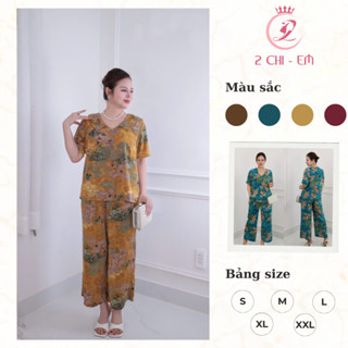 Đồ bộ trung niên lụa nhập co giãn thoải mái NiNa 03 – Quần suông 9 tấc, áo cổ kim cương thanh lịch cho mẹ