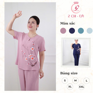 Đồ bộ trung niên đũi lụa vân thoáng mát Ms81 – Quần dài suông, áo cổ kiểu thanh lịch cho mẹ yêu