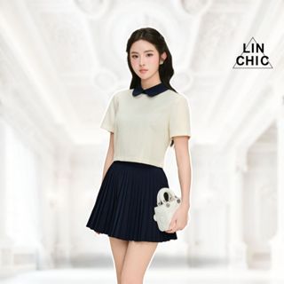 Set áo kiểu nữ thiết kế cổ sen croptop và chân váy xếp ly dáng ngắn tiểu thư Linly Store A-PC6