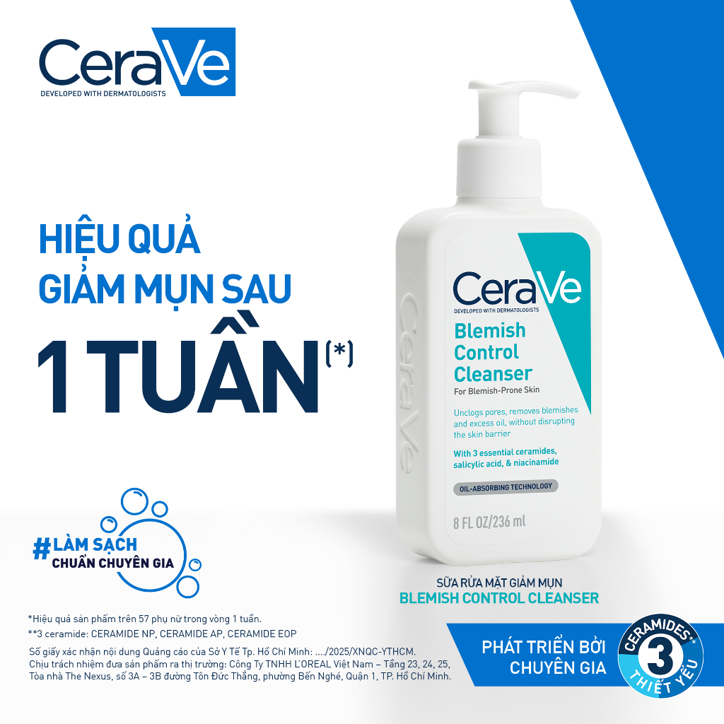 Sữa rửa mặt giảm mụn không gây khô da, không gây tổn hại bảo vệ hàng rào da - CeraVe Blemish Control Cleanser 236ml | BigBuy360 - bigbuy360.vn