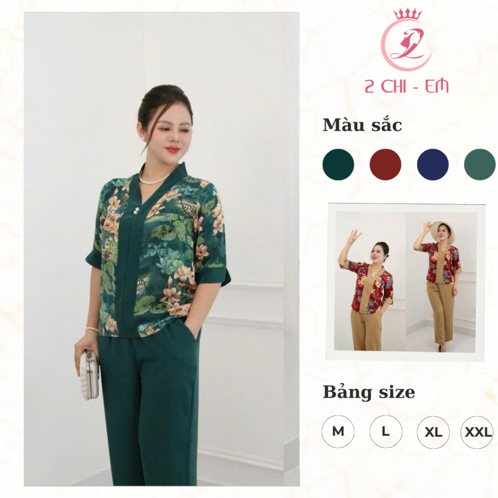 Set đồ trung niên cách điệu, đồ bộ cho mẹ quần suông 9 tấc Ms37 – Áo kiểu, quần ống rộng thoải mái cho mẹ yêu