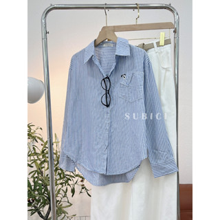  Áo Sơ Mi Kẻ Sọc Nữ Form Rộng Vừa <65kg Túi Lật Thêu Thỏ Xinh Chất Cotton Đũi Mềm Đi Làm Đi Chơi SUBICI A985 