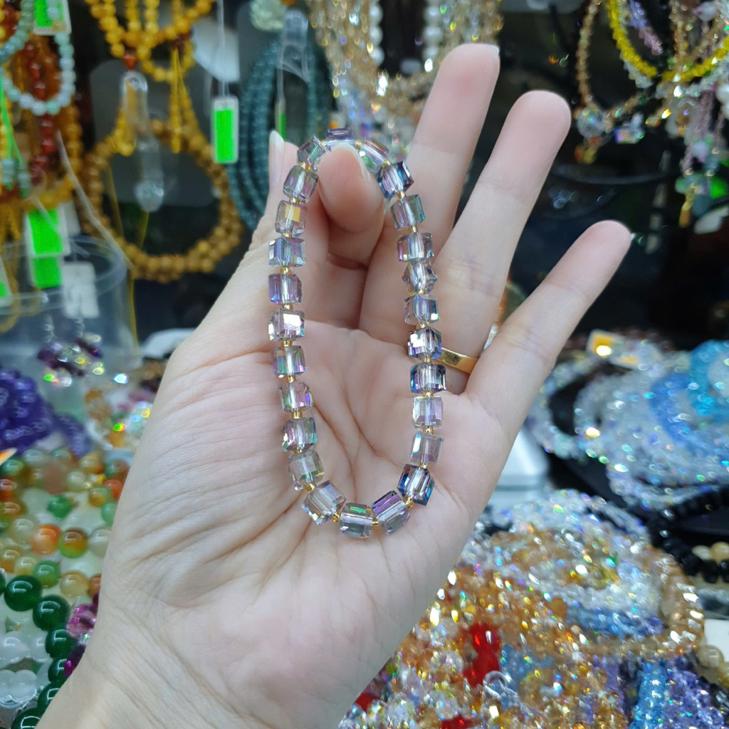 Vòng pha lê hạt Vuông 6ly màu khói ánh tím