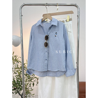  Áo Sơ Mi Kẻ Sọc Nữ DÁNG LỬNG Thêu Gấu Xinh Tay Dài Chất Cotton Đũi Xịn Mềm Mát Đi Làm Đi Chơi SUBICI A994 