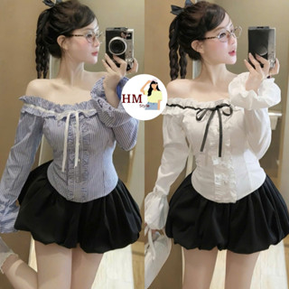  Set bộ đồ tiểu thư áo sơ mi trễ vai tay bồng phối dây nơ viền bèo kèm CV dáng bí phồng HB626 HMStyle 