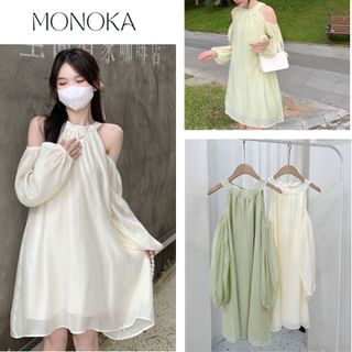  Váy cổ yếm hở vai tay dài bồng thắt dây nơ sau lưng Đầm babydoll trễ vai form rộng chất voan 2 lớp T115G MONOKA SHOP 