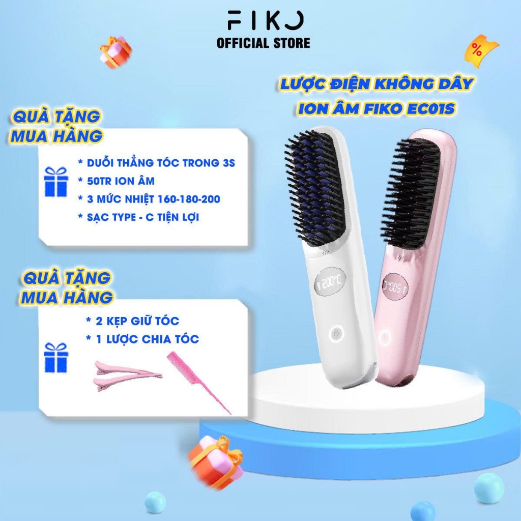  Lược điện không dây ion âm FIKO EC01S - Chăm sóc tóc suôn mượt tạo kiểu - Bảo hành 06 tháng 
