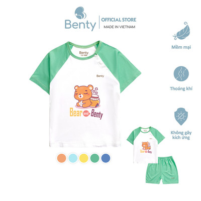 Bộ cộc tay cài chéo BENTY BT010 in hình Bear chất vải mềm mịn mát, quần áo bé trai, bé gái cao cấp