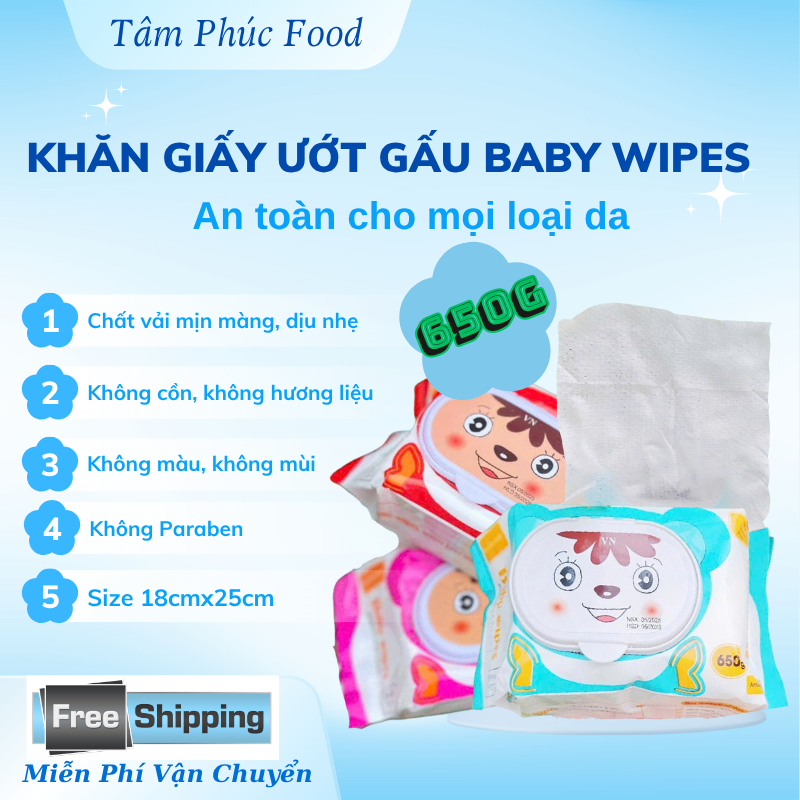 [ Combo 5, 10, 15, 20 bịch ] Khăn giấy ướt gấu 650gr cao cấp, khổ lớn, không mùi, vải mịn màng, dày