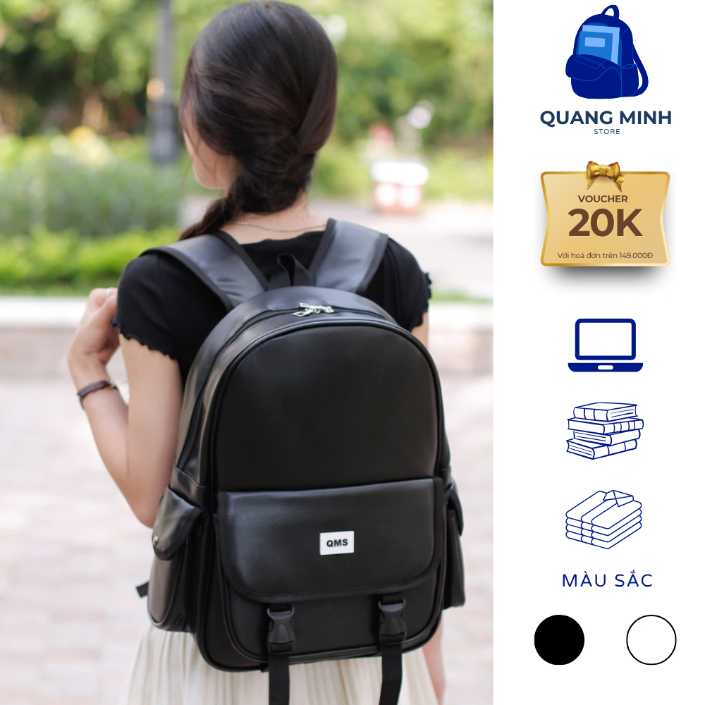 Balo da PU form đứng chống nước nhiều ngăn thời trang unisex đựng laptop 15.6 inch đi học