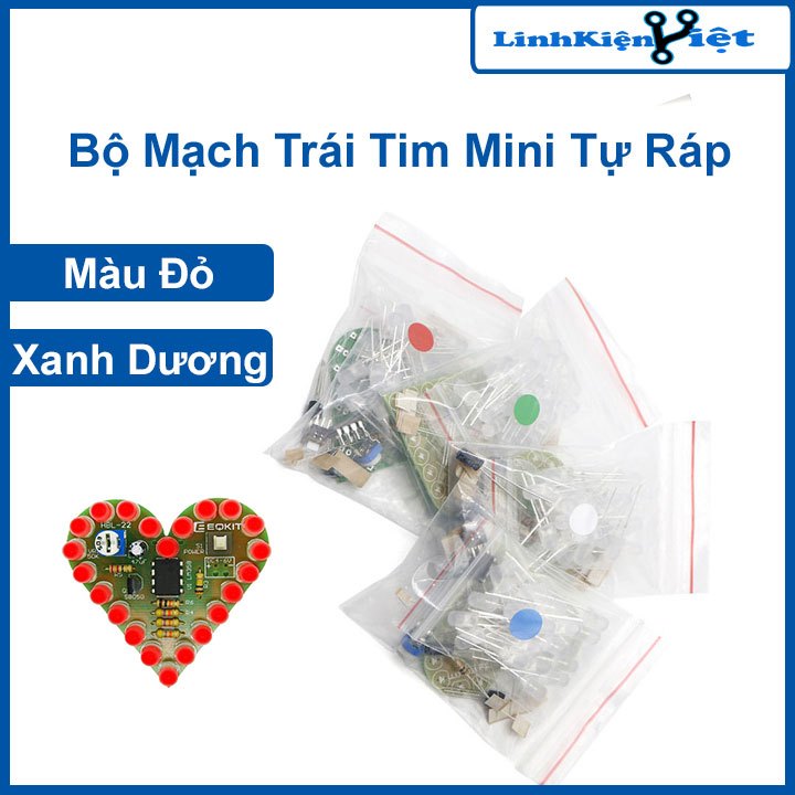 Bộ mạch điện tử trái tim mini tự lắp ráp led 2 màu đỏ/xanh dương